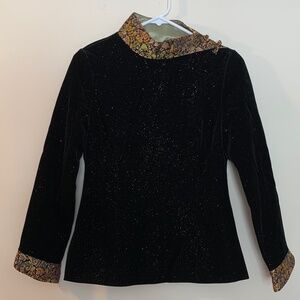 DEONE Glitter Black Velvet Top Womens S Asian Style Brocade Tailored Avant Garde
